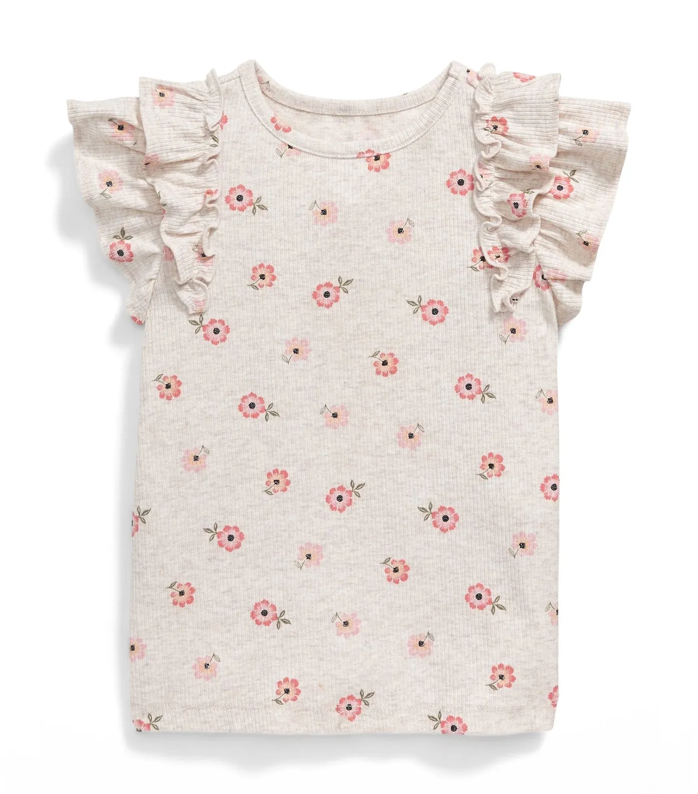 Flutter-Sleeve Rib-Knit Top for Toddler Girls Neutral Floral