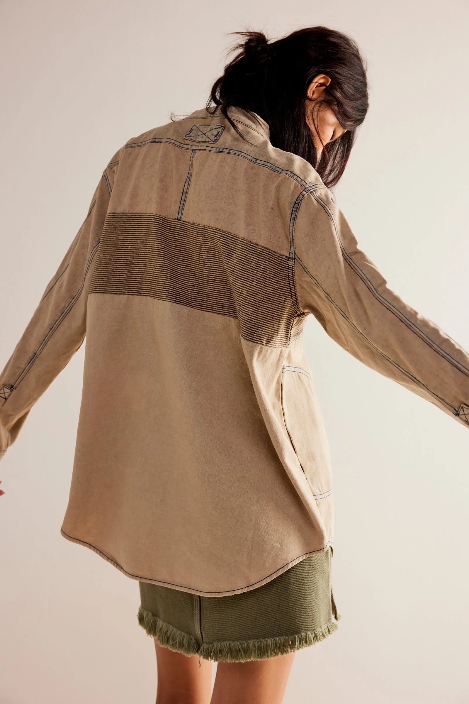 Free People Moto Color Block Shirt in Sand Jam