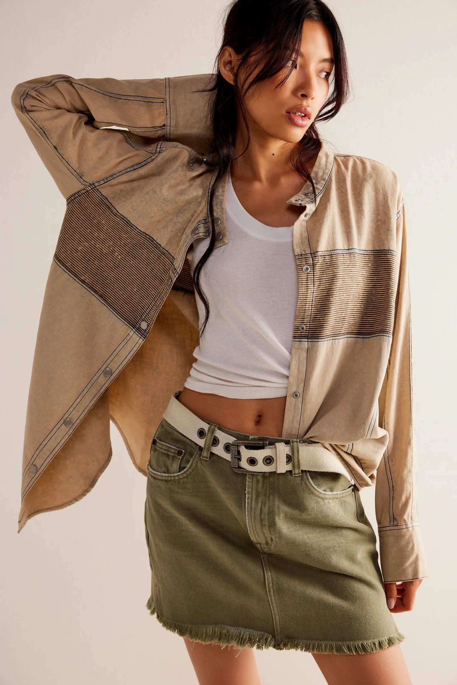 Free People Moto Color Block Shirt in Sand Jam
