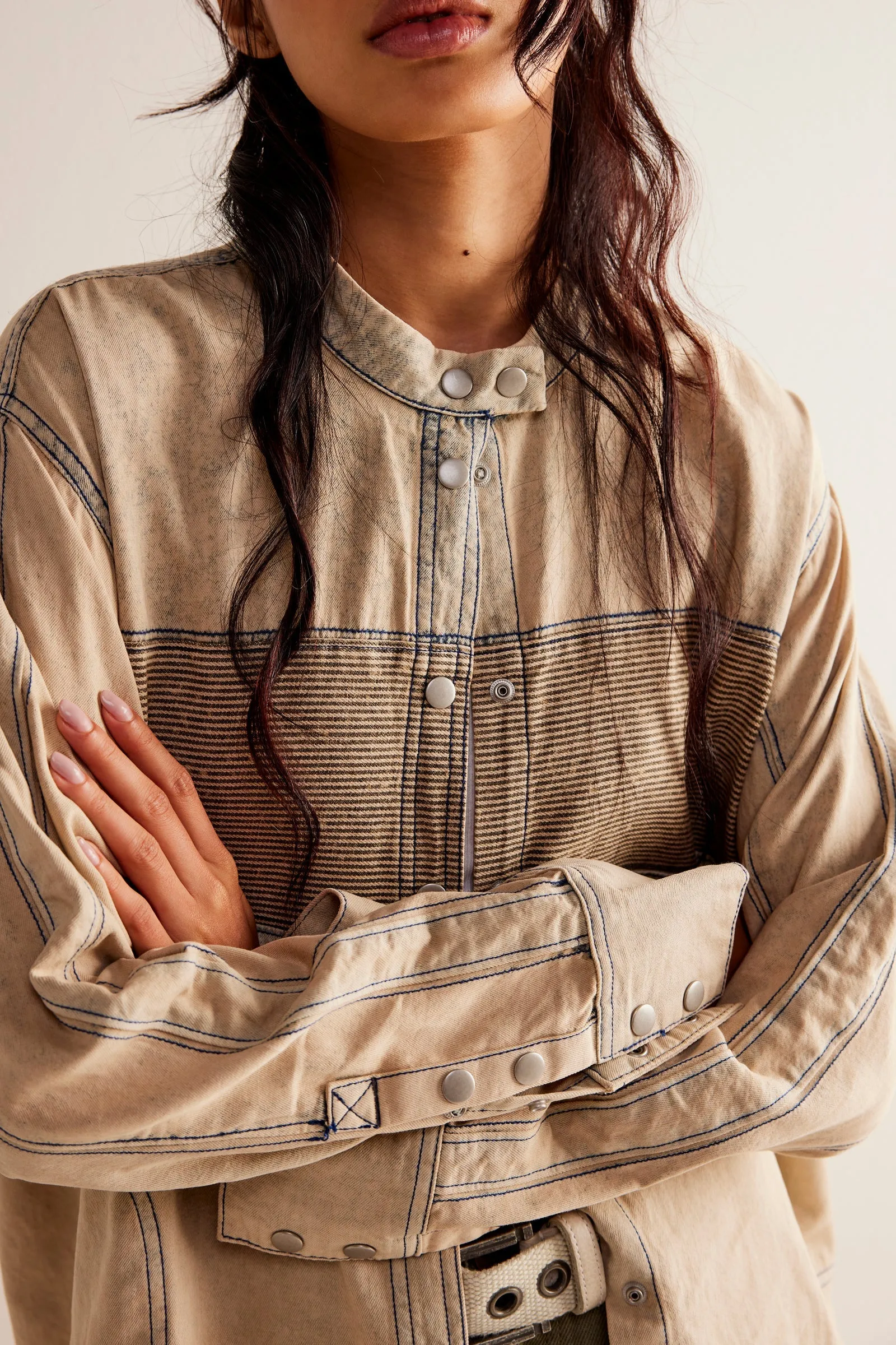 Free People Moto Color Block Shirt in Sand Jam