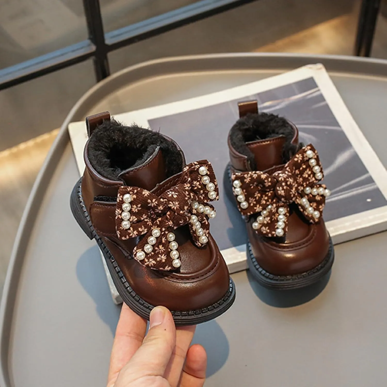 Girls Ankle Boots Sweet Bow Soft Sole Flat Booties Thick Plush Soft Sole Leather Non Slip Snow Boots