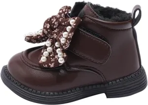 Girls Ankle Boots Sweet Bow Soft Sole Flat Booties Thick Plush Soft Sole Leather Non Slip Snow Boots