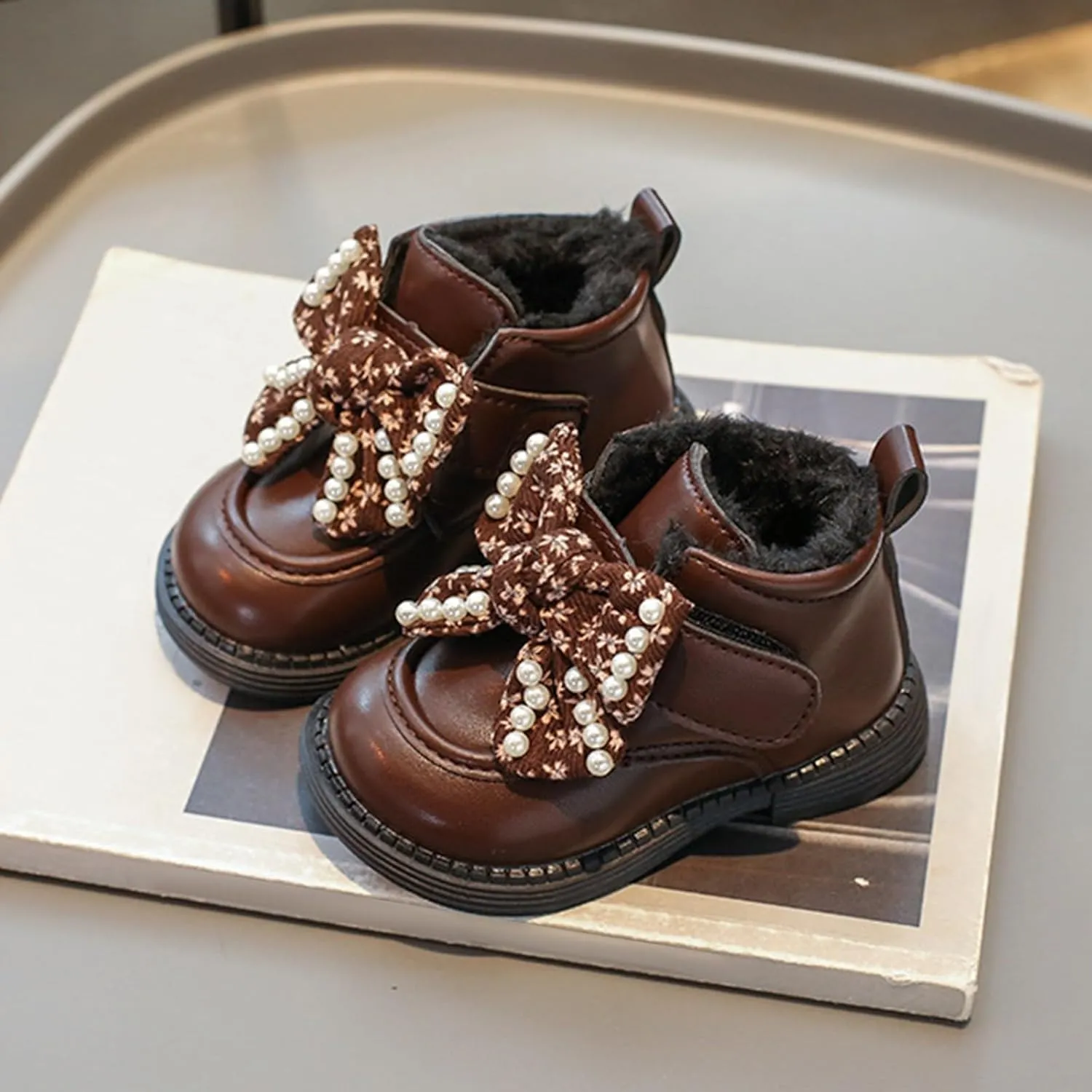 Girls Ankle Boots Sweet Bow Soft Sole Flat Booties Thick Plush Soft Sole Leather Non Slip Snow Boots