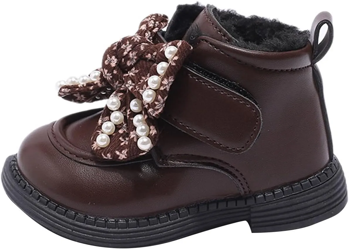 Girls Ankle Boots Sweet Bow Soft Sole Flat Booties Thick Plush Soft Sole Leather Non Slip Snow Boots