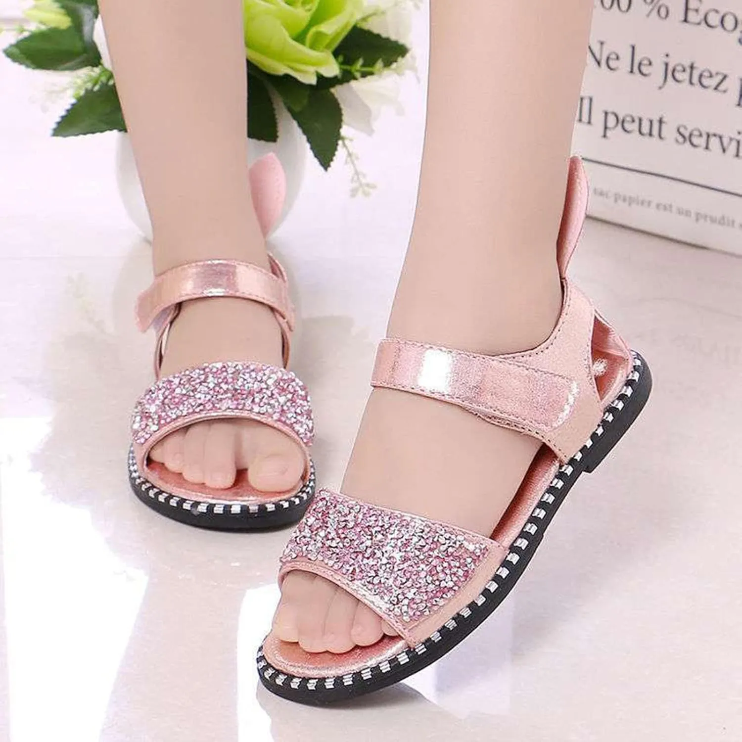 Girls Kids Pearl Glitter Rubber Sandals Gldiator Open Toe Ankle Wide Shoes Baby Childrens Flat Soft Non Slip Slipper