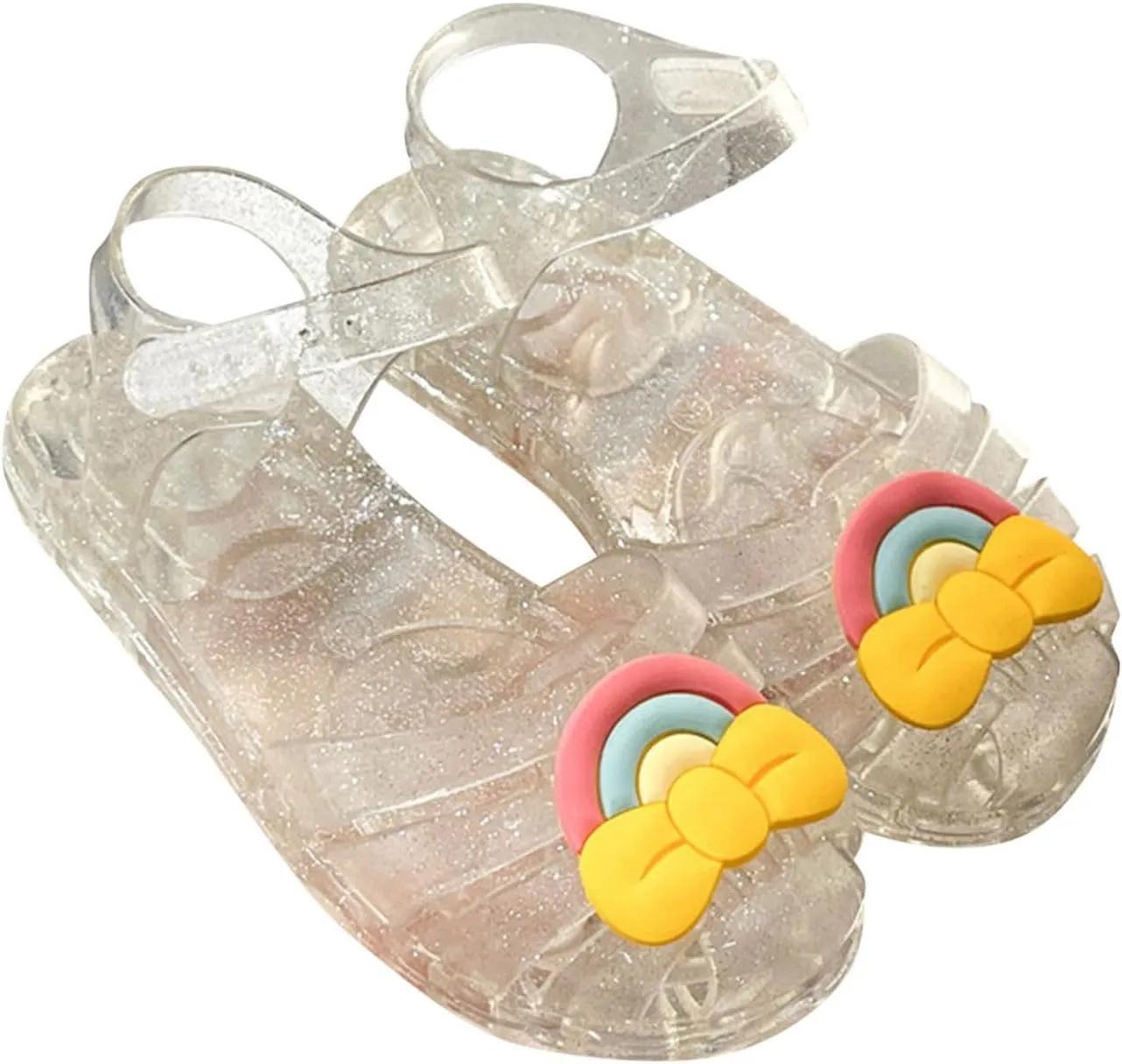 Girls Sandals Cute Rainbow Bowknot Jelly Shoes Summer Outdoor Casual Closed Toe Dress Flat Sandal with Ankle Strap