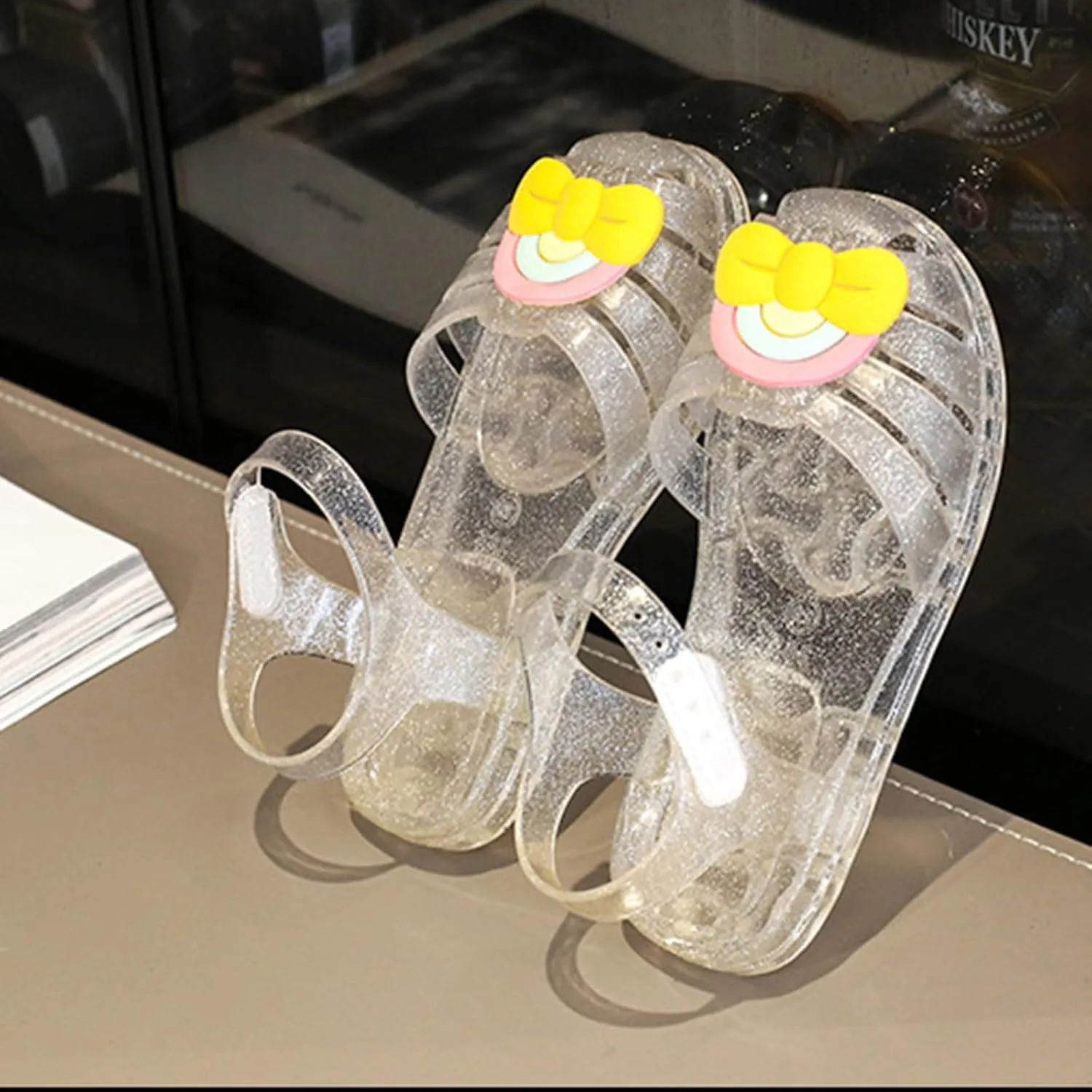 Girls Sandals Cute Rainbow Bowknot Jelly Shoes Summer Outdoor Casual Closed Toe Dress Flat Sandal with Ankle Strap