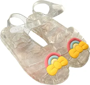 Girls Sandals Cute Rainbow Bowknot Jelly Shoes Summer Outdoor Casual Closed Toe Dress Flat Sandal with Ankle Strap