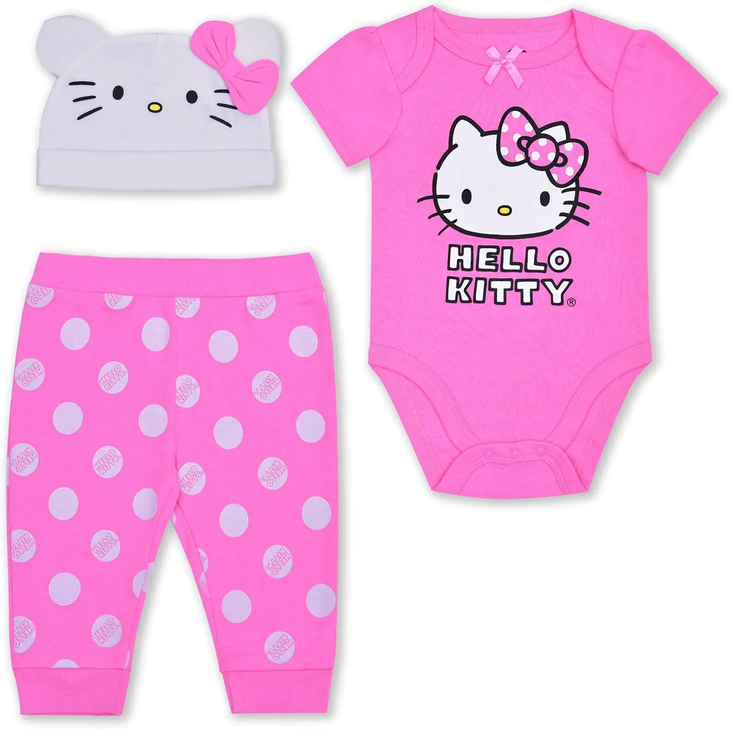 Hello Kitty 2 Piece Pink and White Polka Dot Print Creeper and Jogger Set
