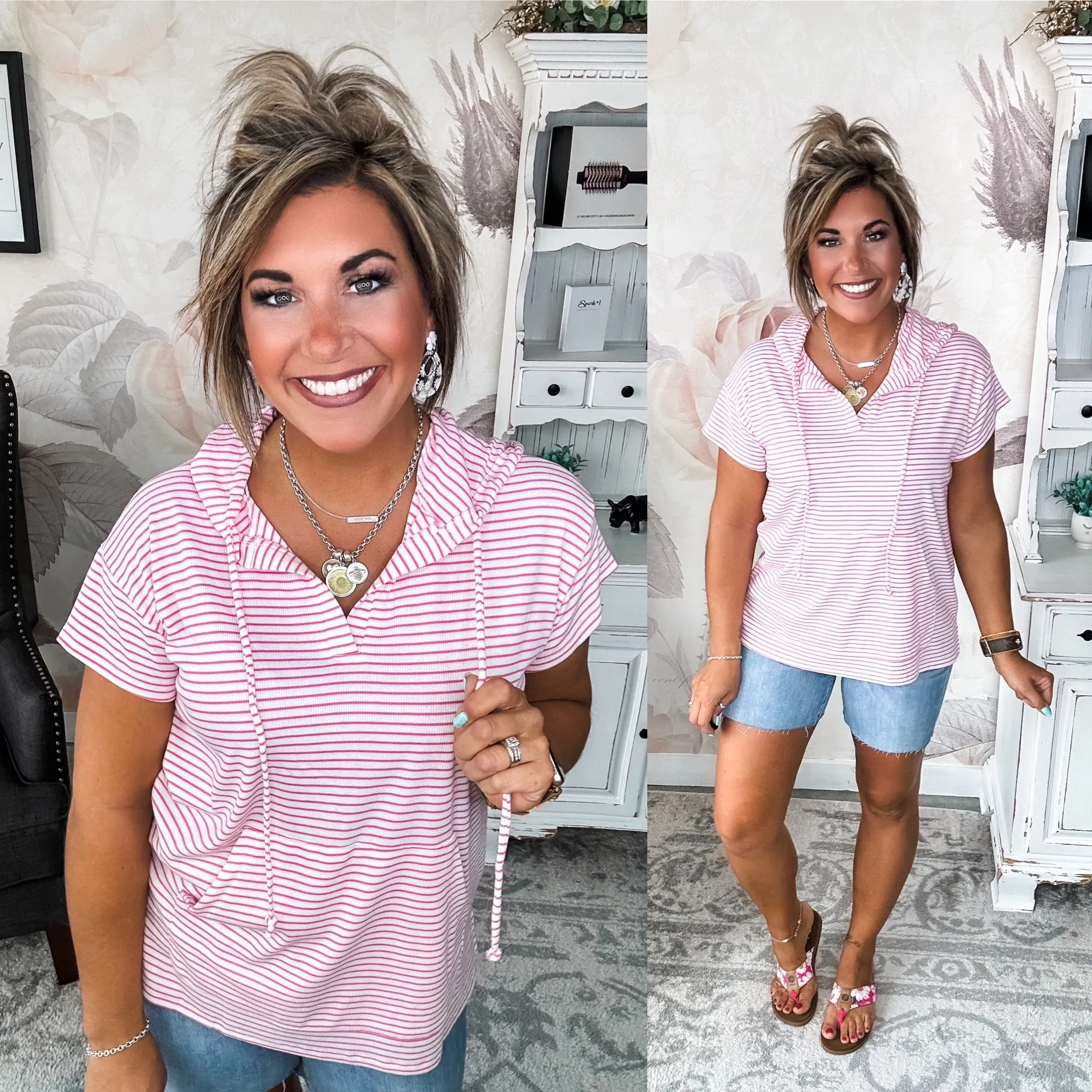 Hold My Own Hoodie Top - Flamingo Pink & White