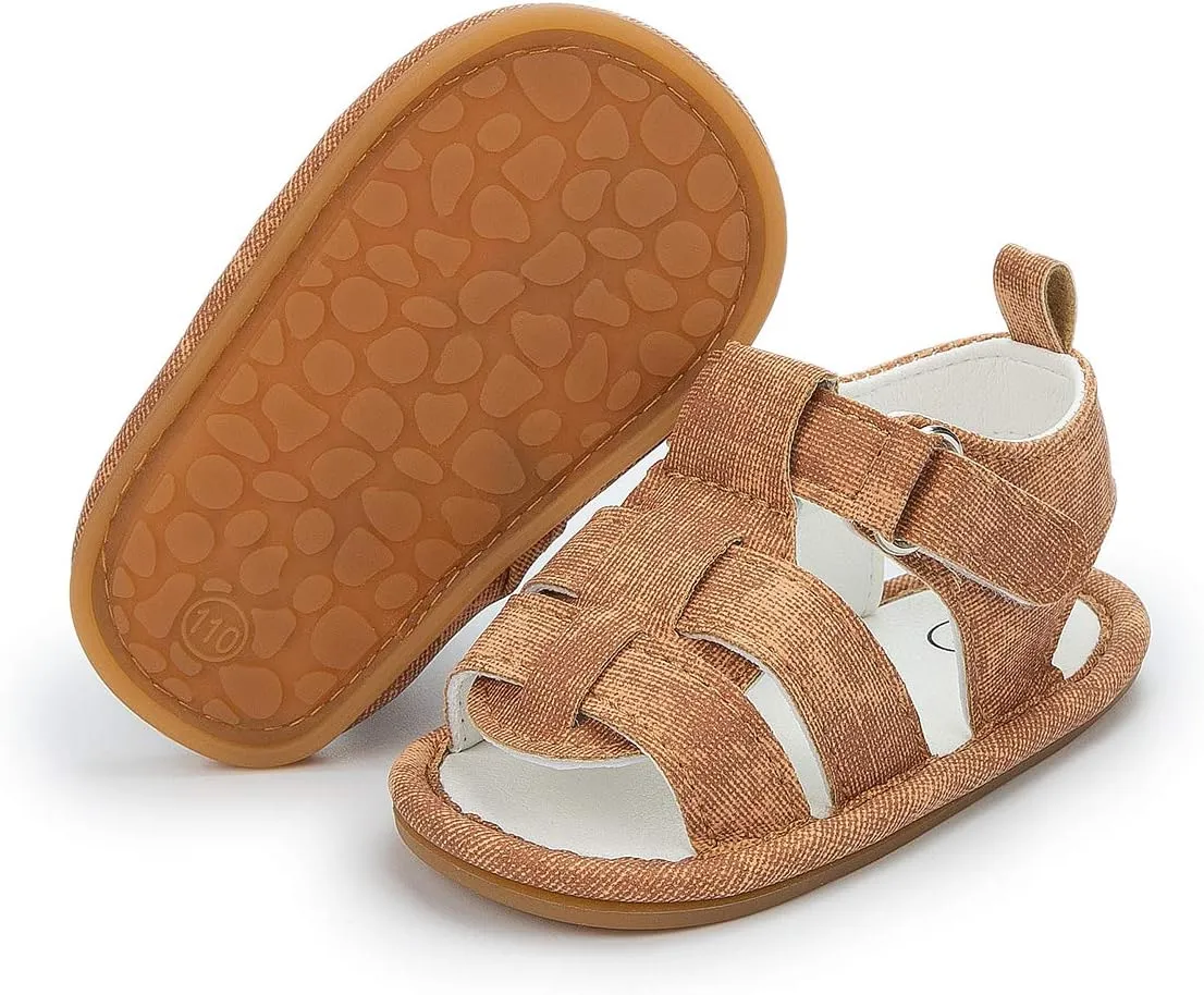 Infant Baby Boys Girls Summer Sandals Brown Newborn Lightweight Pu Leather Non-slip Rubber Sole Toddler Outdoor Beach Open Toe First Walker Shoes 12-18 Months