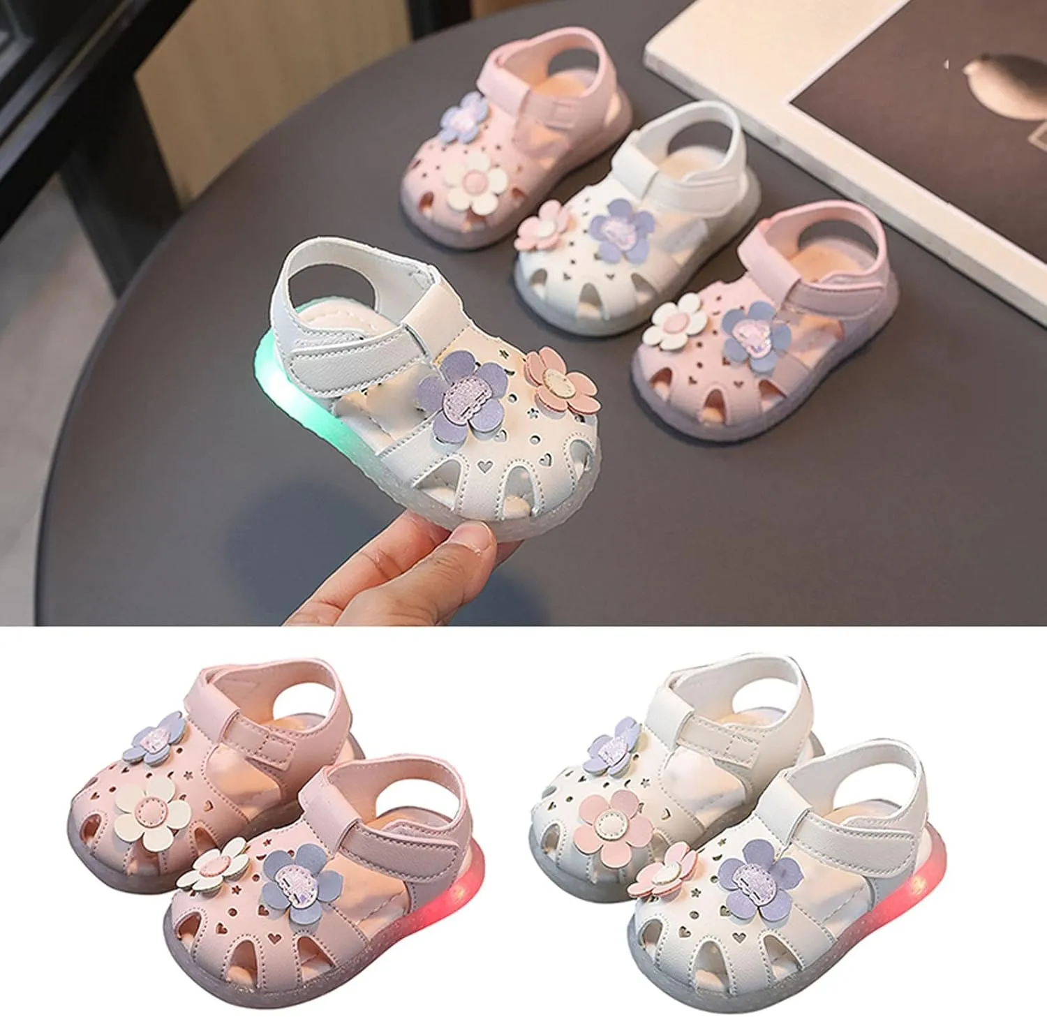 Infant Girls Closed-Toe Light Up Flower Sandals Luminous Lightweight Soft Sole Summer Shoes 2025 Fashion Trendy