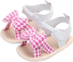 Infant Girls Open Toe Plaid Bowknot Shoes First Walkers Shoes Summer Toddler Flat Sandals Soccer Slippers
