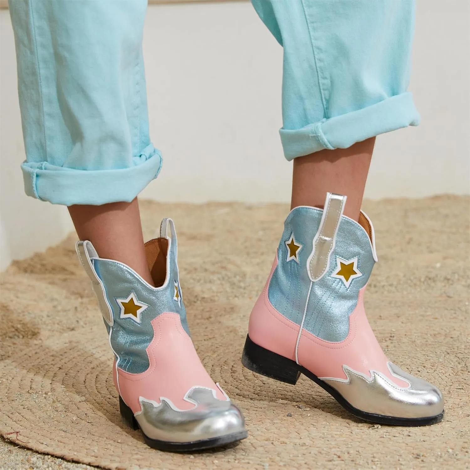 Kids Cowboy Boots Girls Mid Calf Cowgirl Western Boots Round Toe Pull on Splicing Riding Shoes for Little Kid/Big Kid