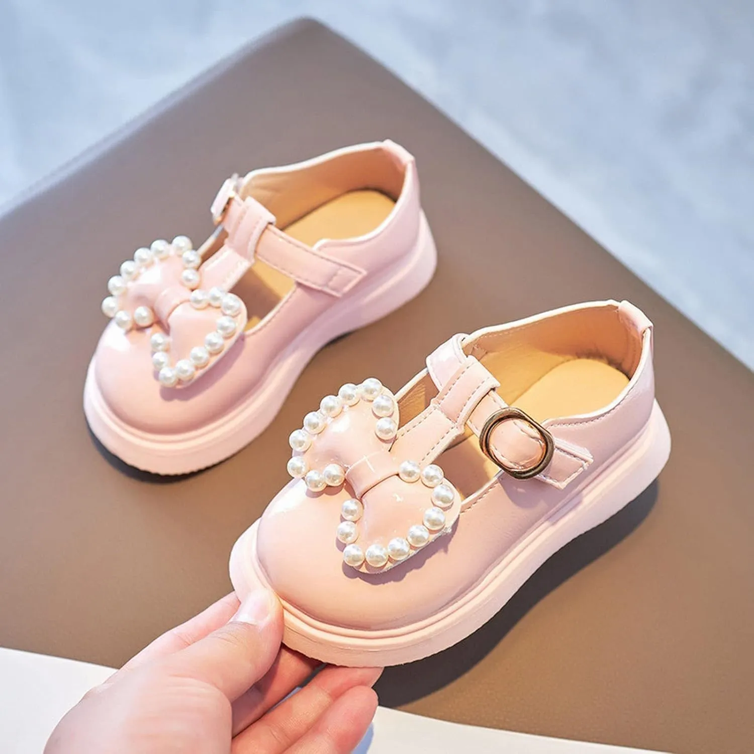 Kids Girls Dress Shoes Pearl Bow Princess Shoes Summer Outdoor Soft Rubber Sole Flat Princess Dress Girl Shoes Size 2