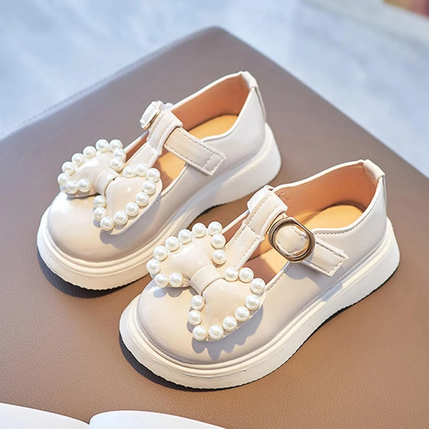 Kids Girls Dress Shoes Pearl Bow Princess Shoes Summer Outdoor Soft Rubber Sole Flat Princess Dress Girl Shoes Size 2
