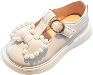 Kids Girls Dress Shoes Pearl Bow Princess Shoes Summer Outdoor Soft Rubber Sole Flat Princess Dress Girl Shoes Size 2