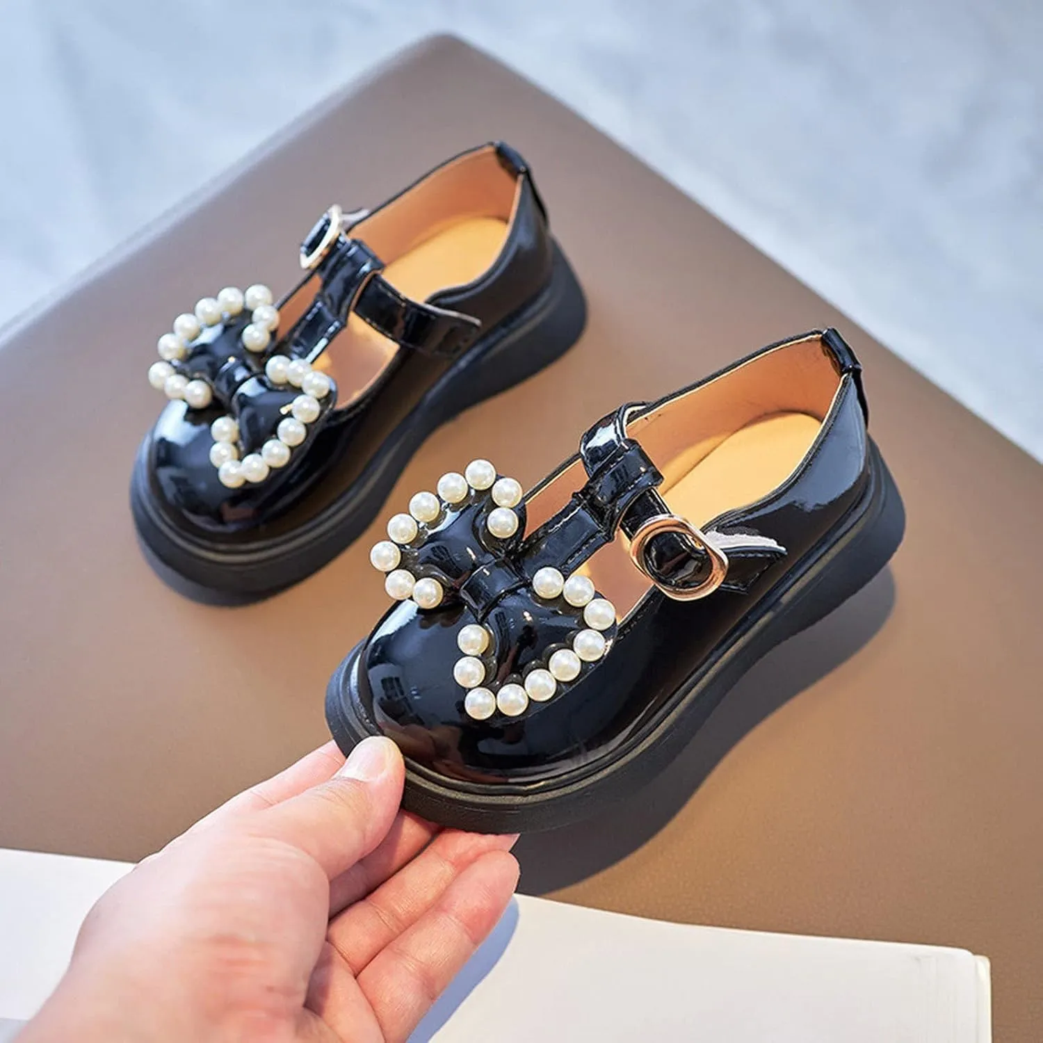 Kids Girls Dress Shoes Pearl Bow Princess Shoes Summer Outdoor Soft Rubber Sole Flat Princess Dress Girl Shoes Size 2