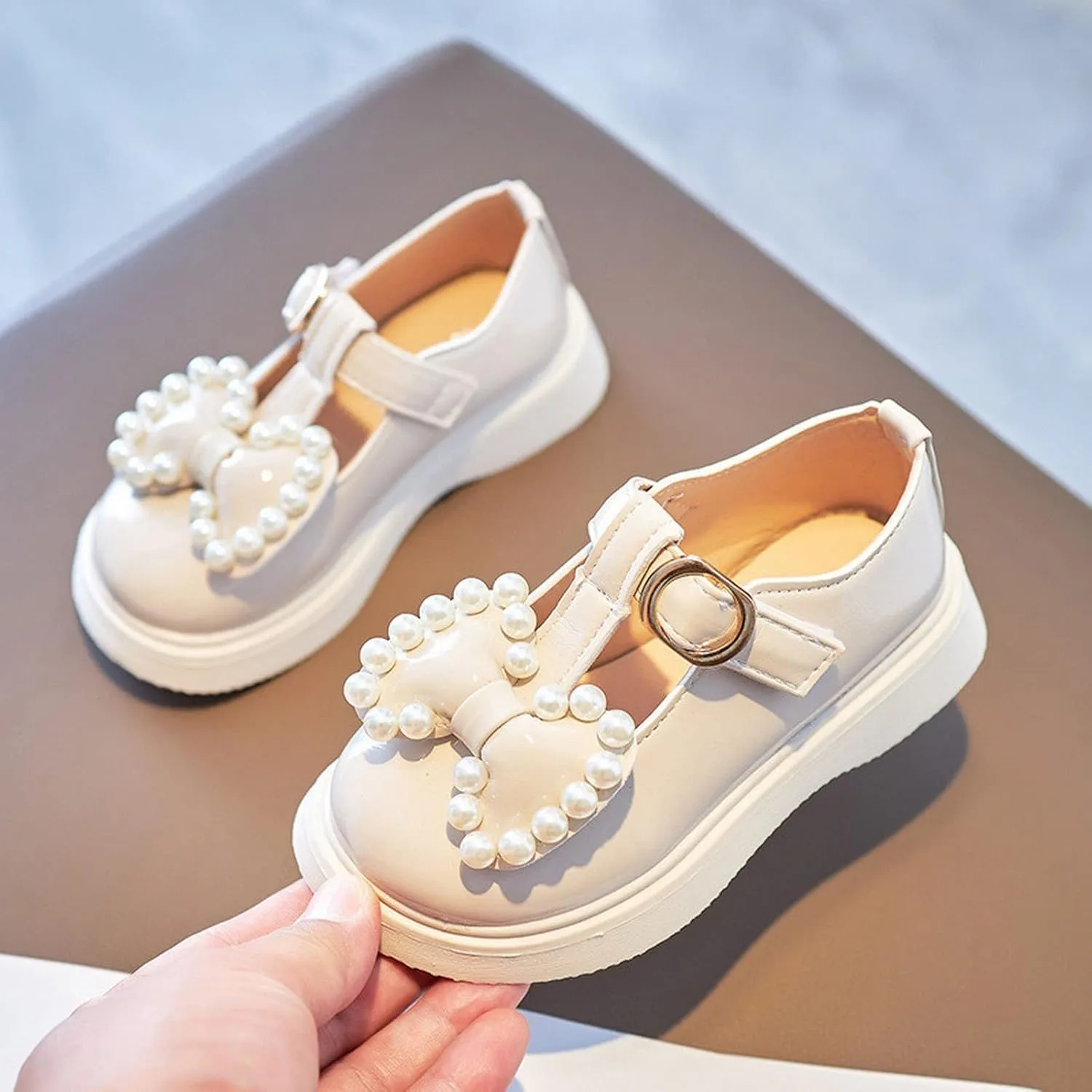 Kids Girls Dress Shoes Pearl Bow Princess Shoes Summer Outdoor Soft Rubber Sole Flat Princess Dress Girl Shoes Size 2
