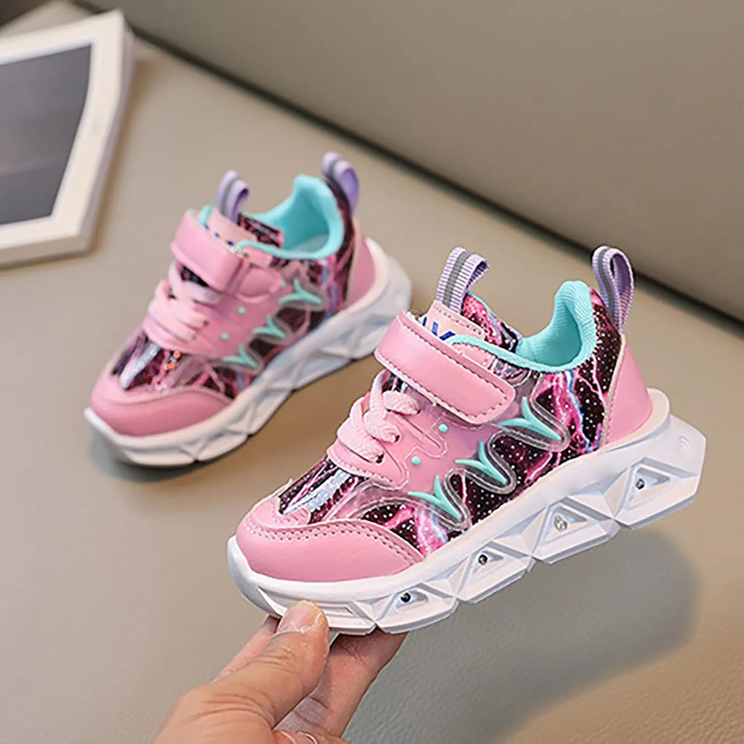 Kids Summer LED Charged Sneakers Breathable Soft Sole Strap Collision Color Thick Bottom Shoes for Boys Girls