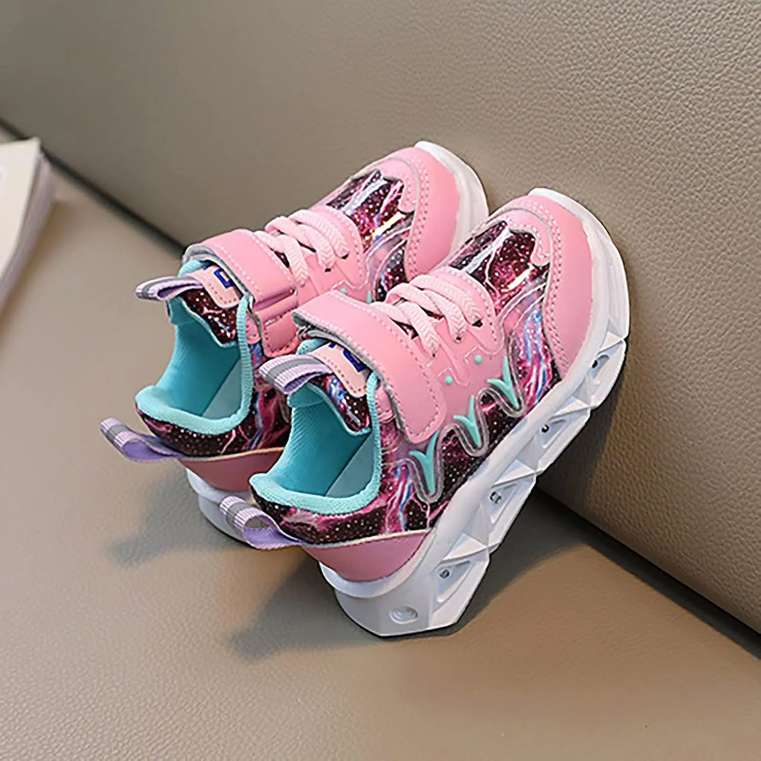 Kids Summer LED Charged Sneakers Breathable Soft Sole Strap Collision Color Thick Bottom Shoes for Boys Girls