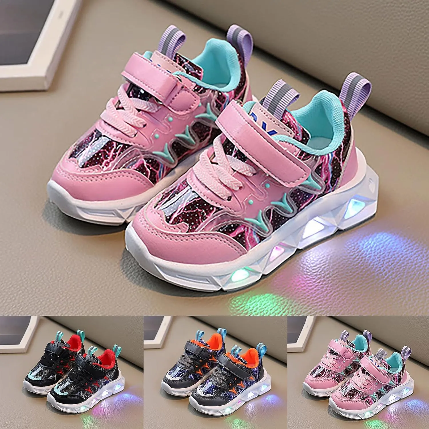 Kids Summer LED Charged Sneakers Breathable Soft Sole Strap Collision Color Thick Bottom Shoes for Boys Girls