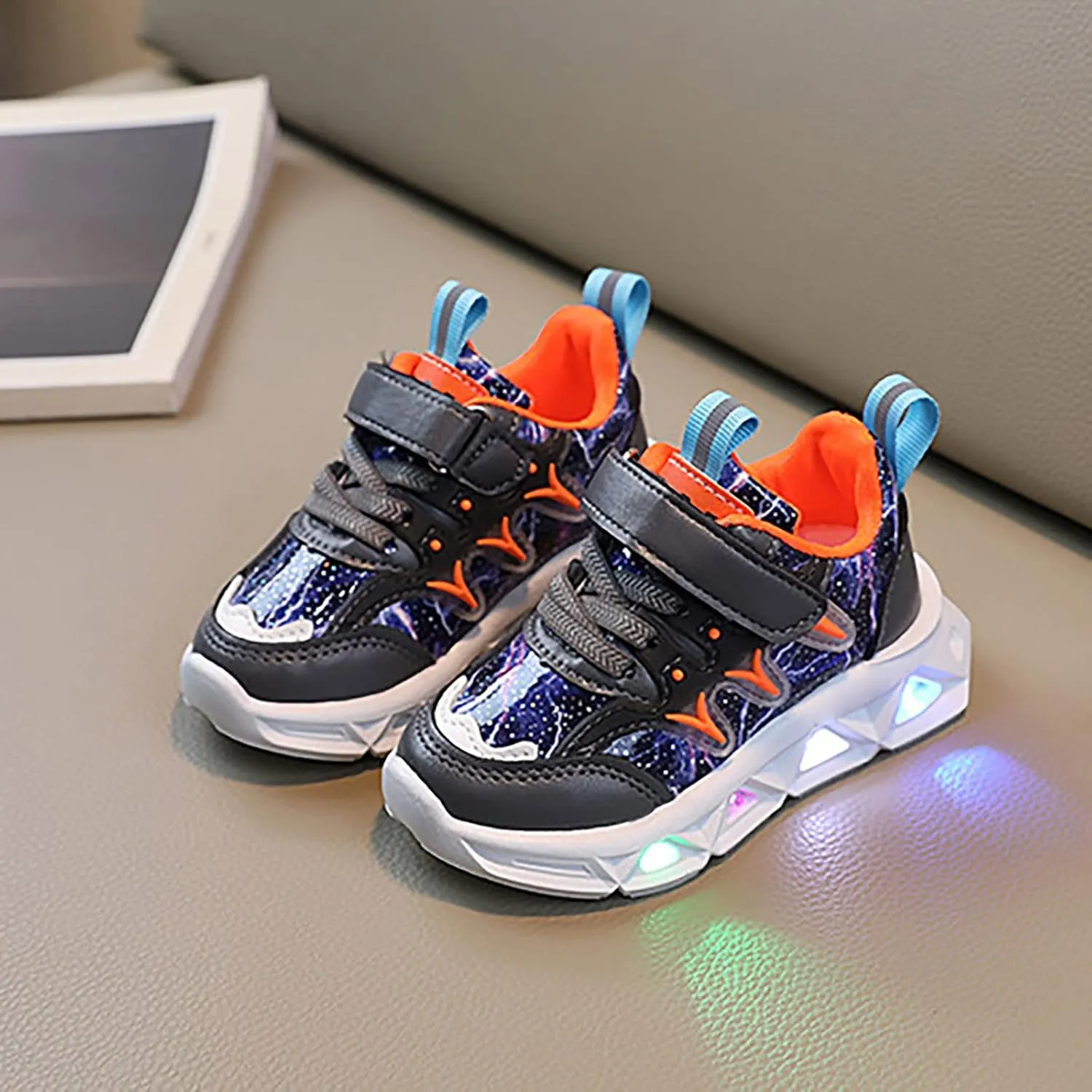 Kids Summer LED Charged Sneakers Breathable Soft Sole Strap Collision Color Thick Bottom Shoes for Boys Girls