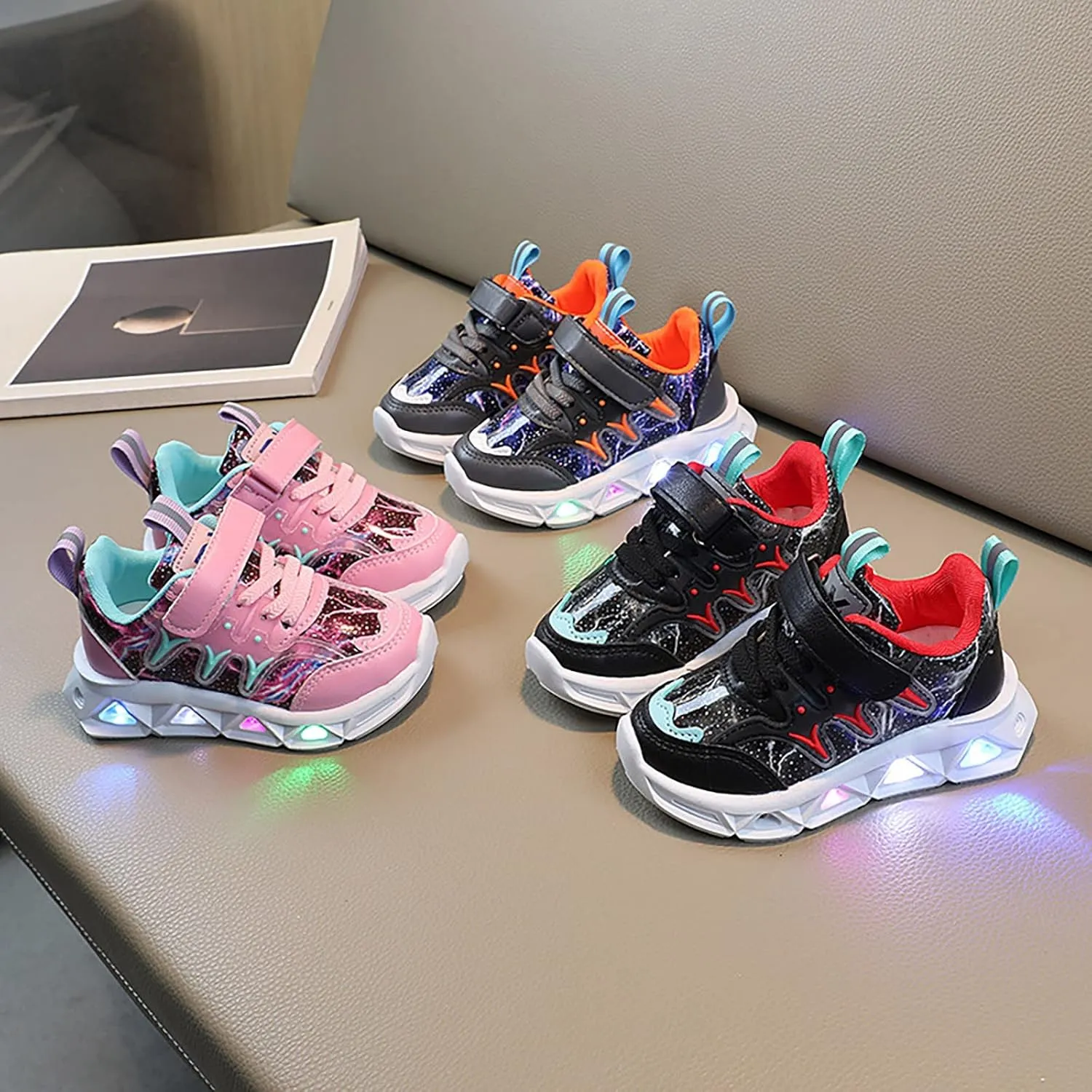 Kids Summer LED Charged Sneakers Breathable Soft Sole Strap Collision Color Thick Bottom Shoes for Boys Girls