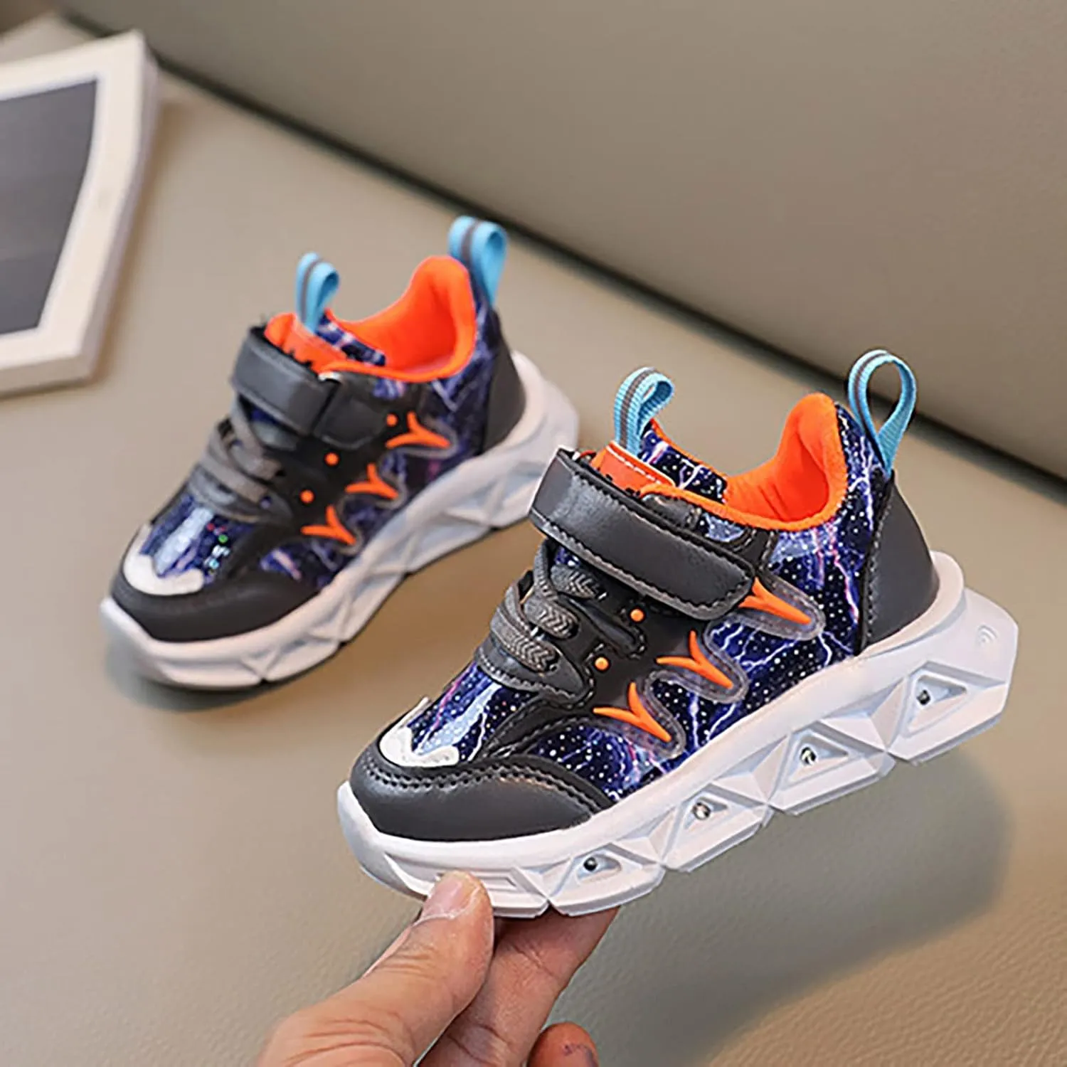 Kids Summer LED Charged Sneakers Breathable Soft Sole Strap Collision Color Thick Bottom Shoes for Boys Girls