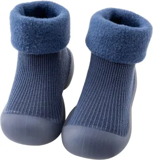 Kids Toddler Baby Boys Girls Solid Warm Knit Soft Sole Rubber Shoe Socks Slipper Stocking Soundproof Slippers (Blue, 24)