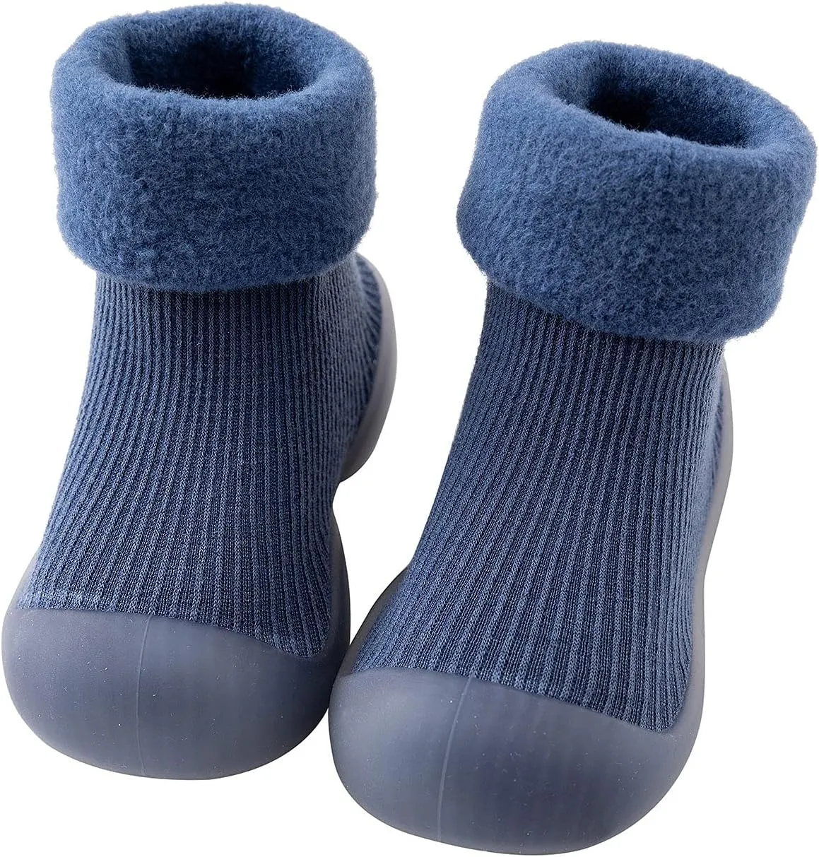 Kids Toddler Baby Boys Girls Solid Warm Knit Soft Sole Rubber Shoe Socks Slipper Stocking Soundproof Slippers (Blue, 24)
