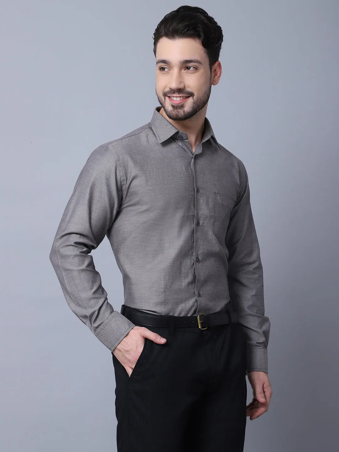 Men's Dark Grey Formal Self textured Full Sleeve Shirt
