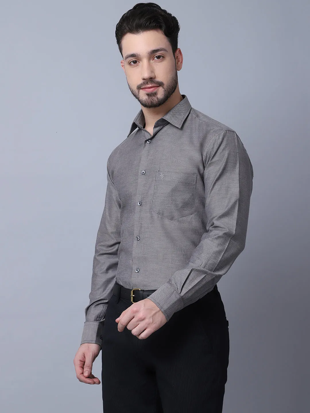 Men's Dark Grey Formal Self textured Full Sleeve Shirt