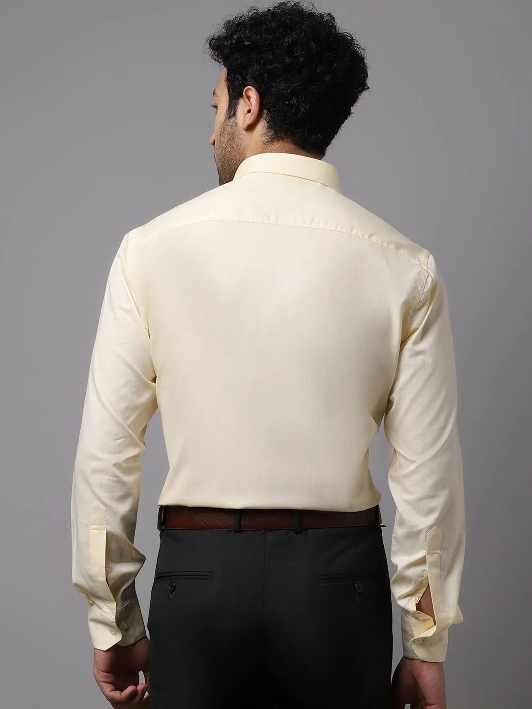 Men's Light Yellow Formal Fil a Fil Plain Full Sleeve Shirt