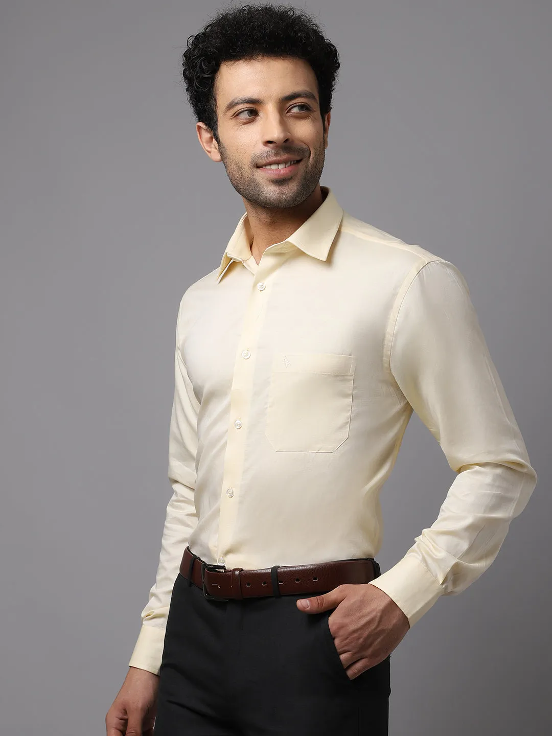 Men's Light Yellow Formal Fil a Fil Plain Full Sleeve Shirt