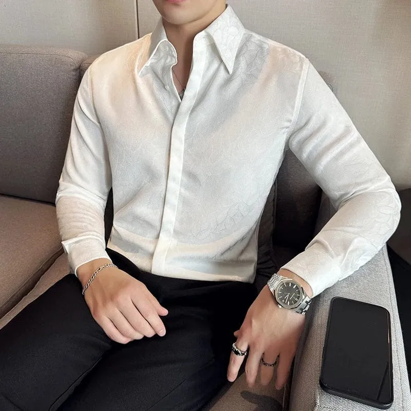 Men's Luxury Jacquard Slim Fit Long Sleeve Shirt – High-Quality Hidden Button Formal Business & Party Wear