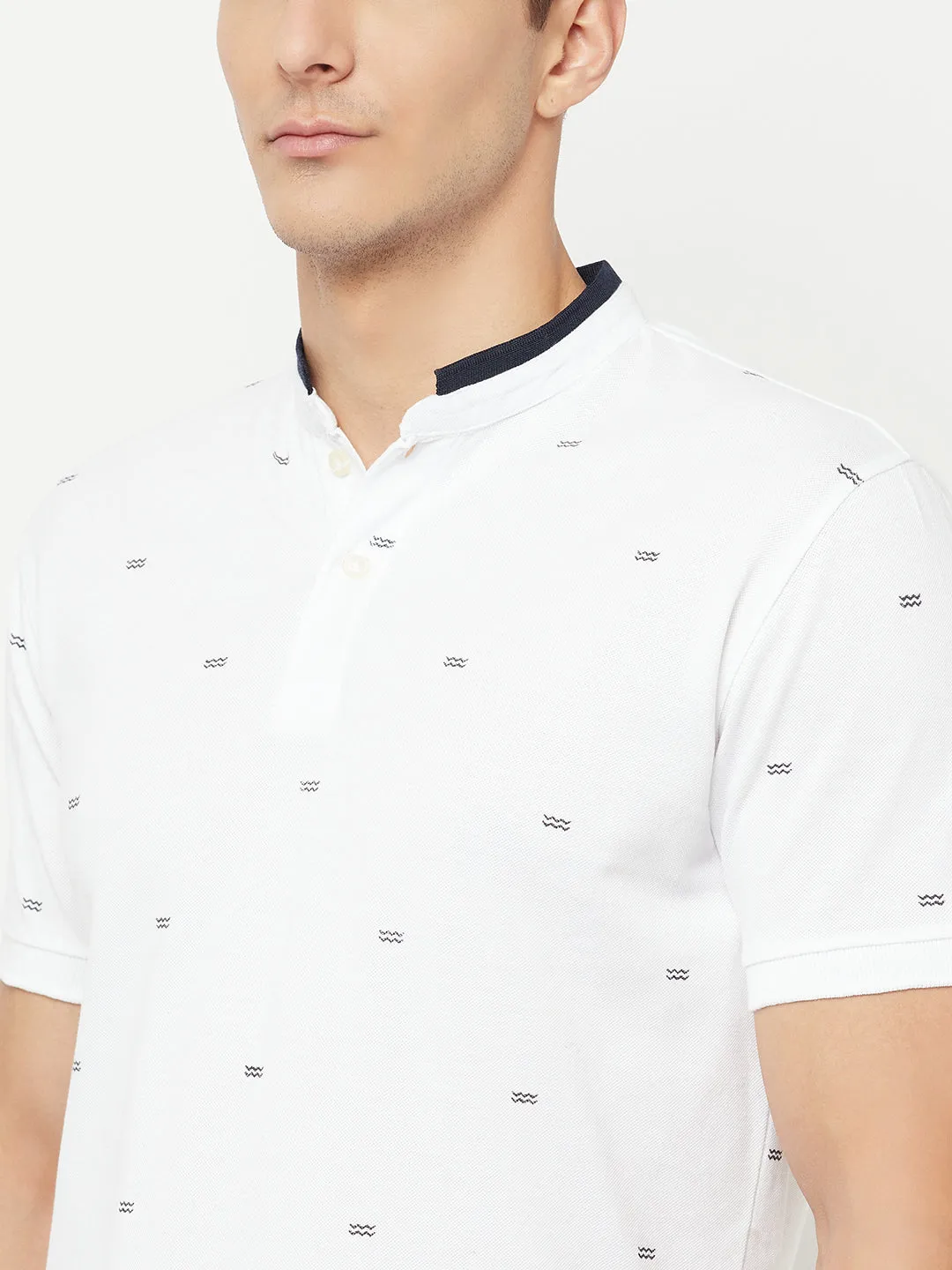 Men's White All over print Mandarin neck Half Sleeve T-Shirt