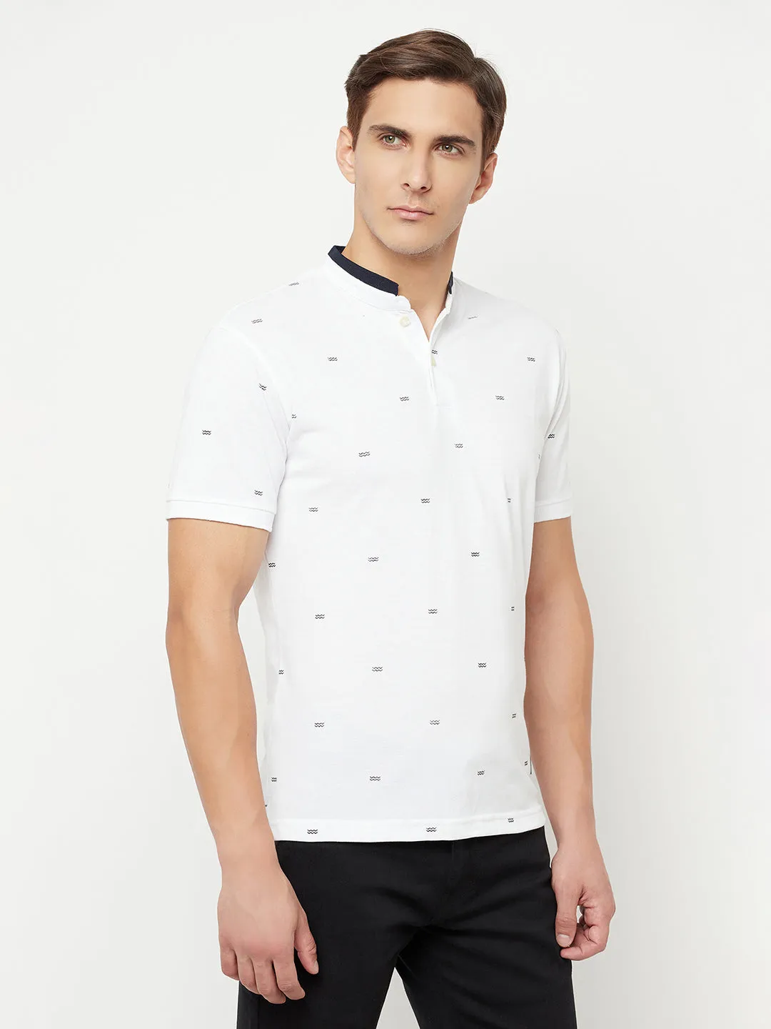 Men's White All over print Mandarin neck Half Sleeve T-Shirt