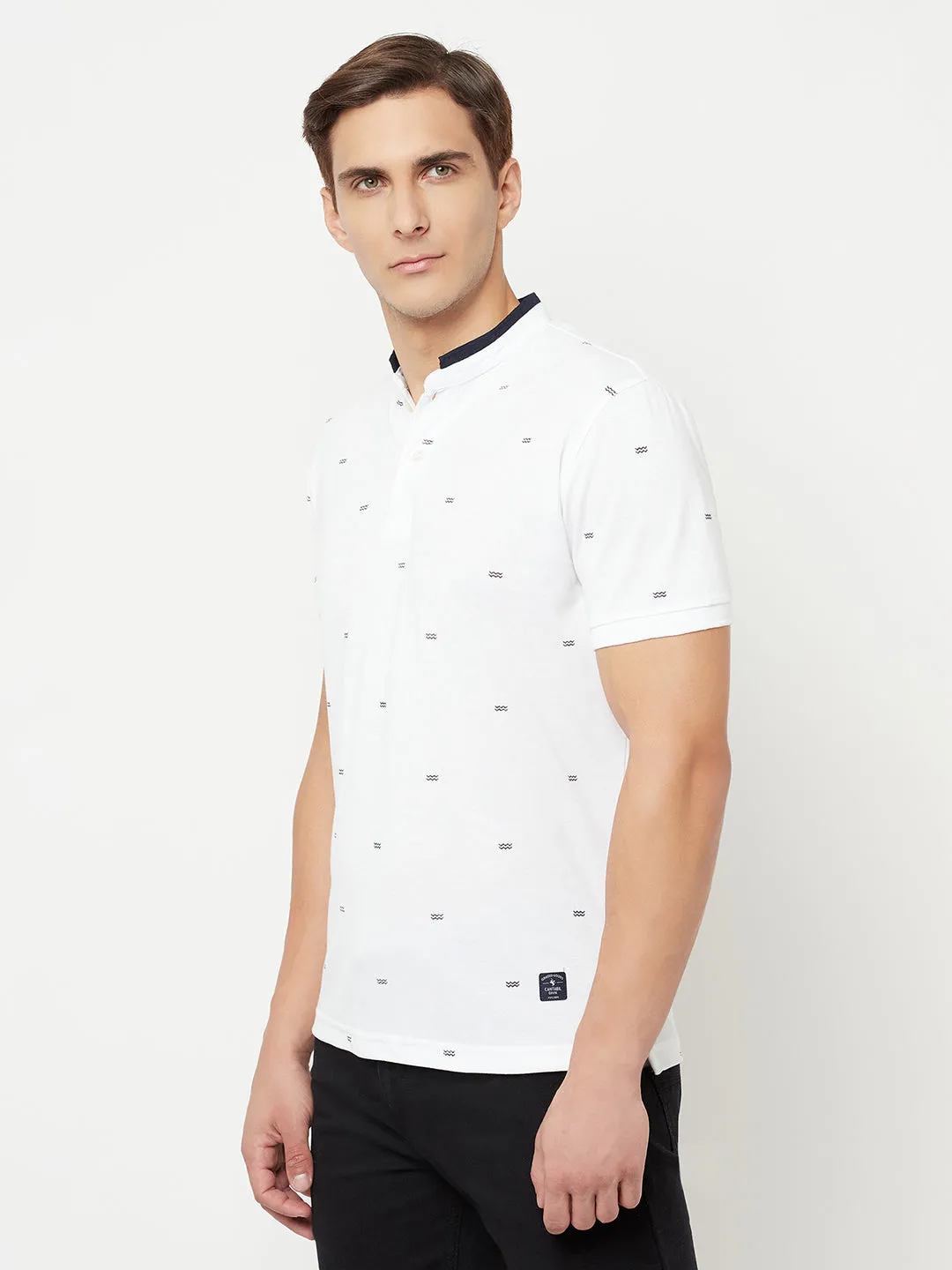Men's White All over print Mandarin neck Half Sleeve T-Shirt