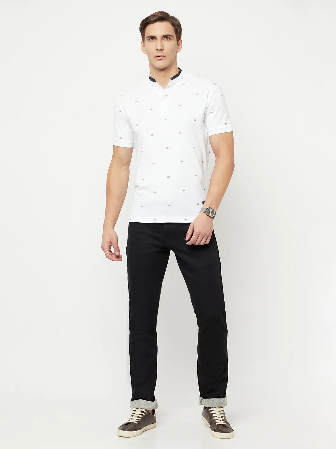 Men's White All over print Mandarin neck Half Sleeve T-Shirt