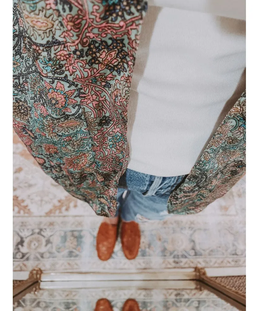 Metallic Print Short Sleeve Kimono Blue Green Combo