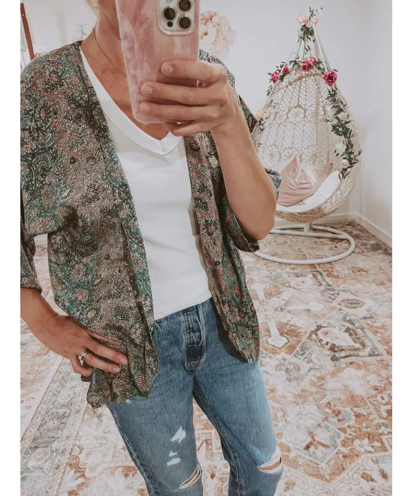 Metallic Print Short Sleeve Kimono Blue Green Combo