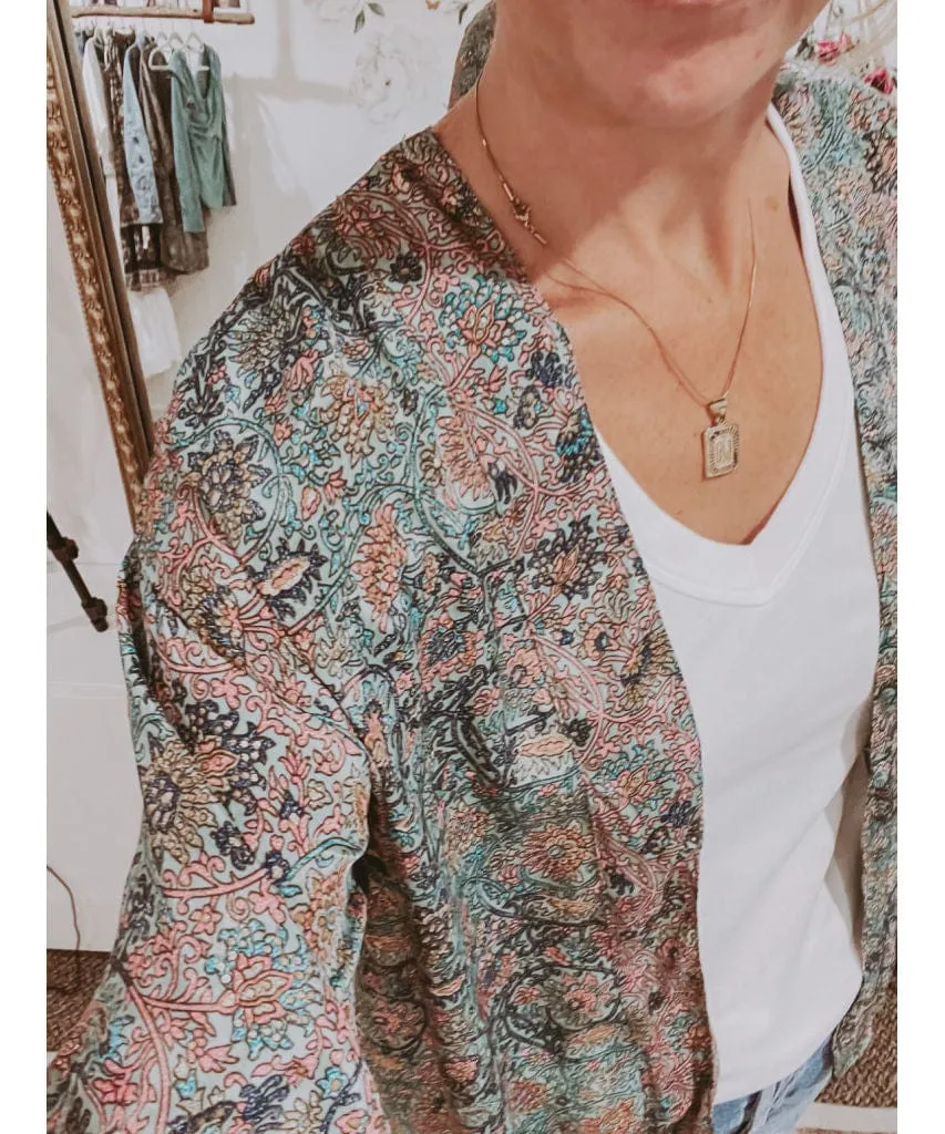Metallic Print Short Sleeve Kimono Blue Green Combo