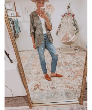Metallic Print Short Sleeve Kimono Blue Green Combo