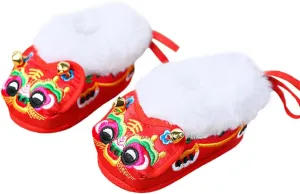 Newborn Baby Tiger Head Shoes Faux Fur Trim Hanfu Shoes Boys Girls Soles Chinese New Years Shoes