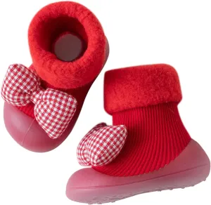 Newborn Infant Children Cotton Floor Socks Shoes Soft Fluff Warm Rubber Sole Shoes Plaid Bow Tie Style Shoes