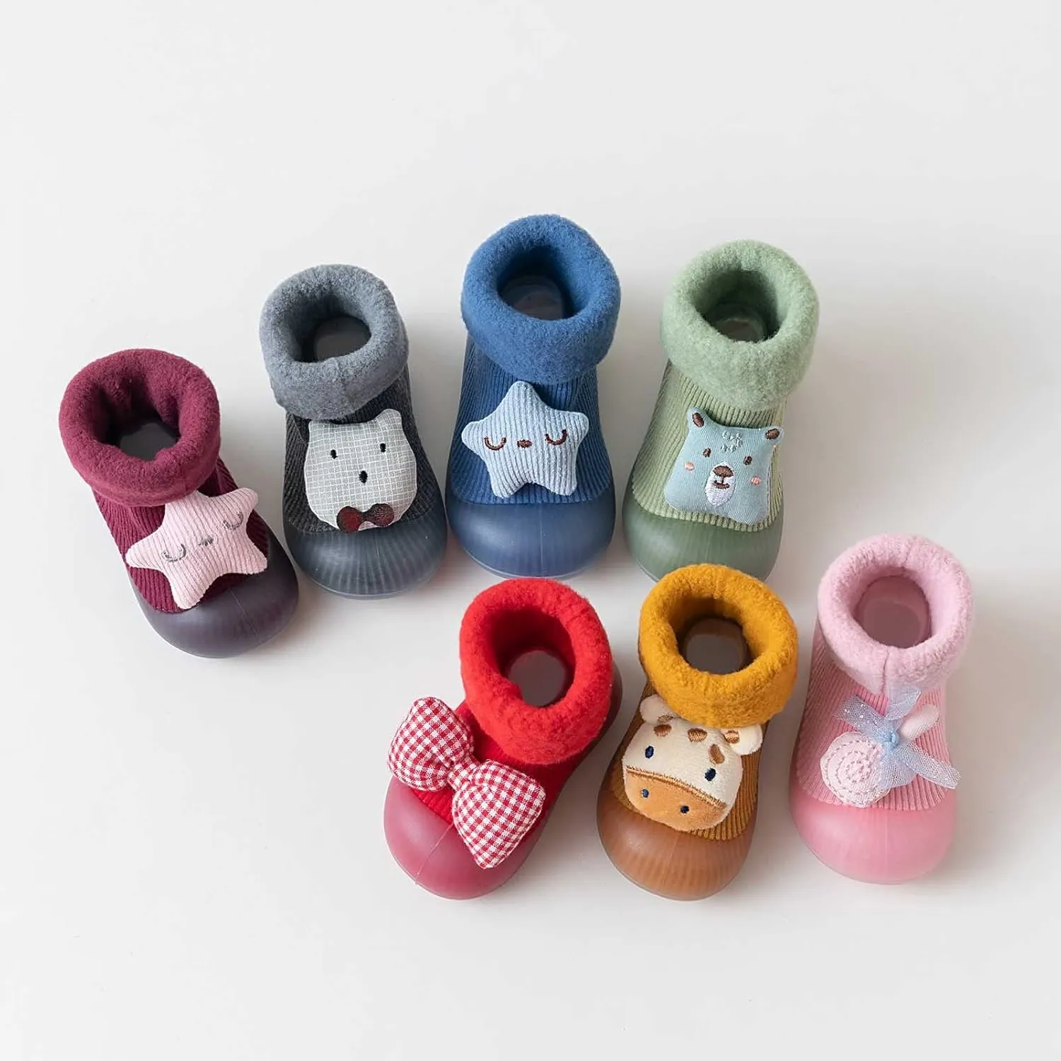 Newborn Infant Children Cotton Floor Socks Shoes Soft Fluff Warm Rubber Sole Shoes Plaid Bow Tie Style Shoes
