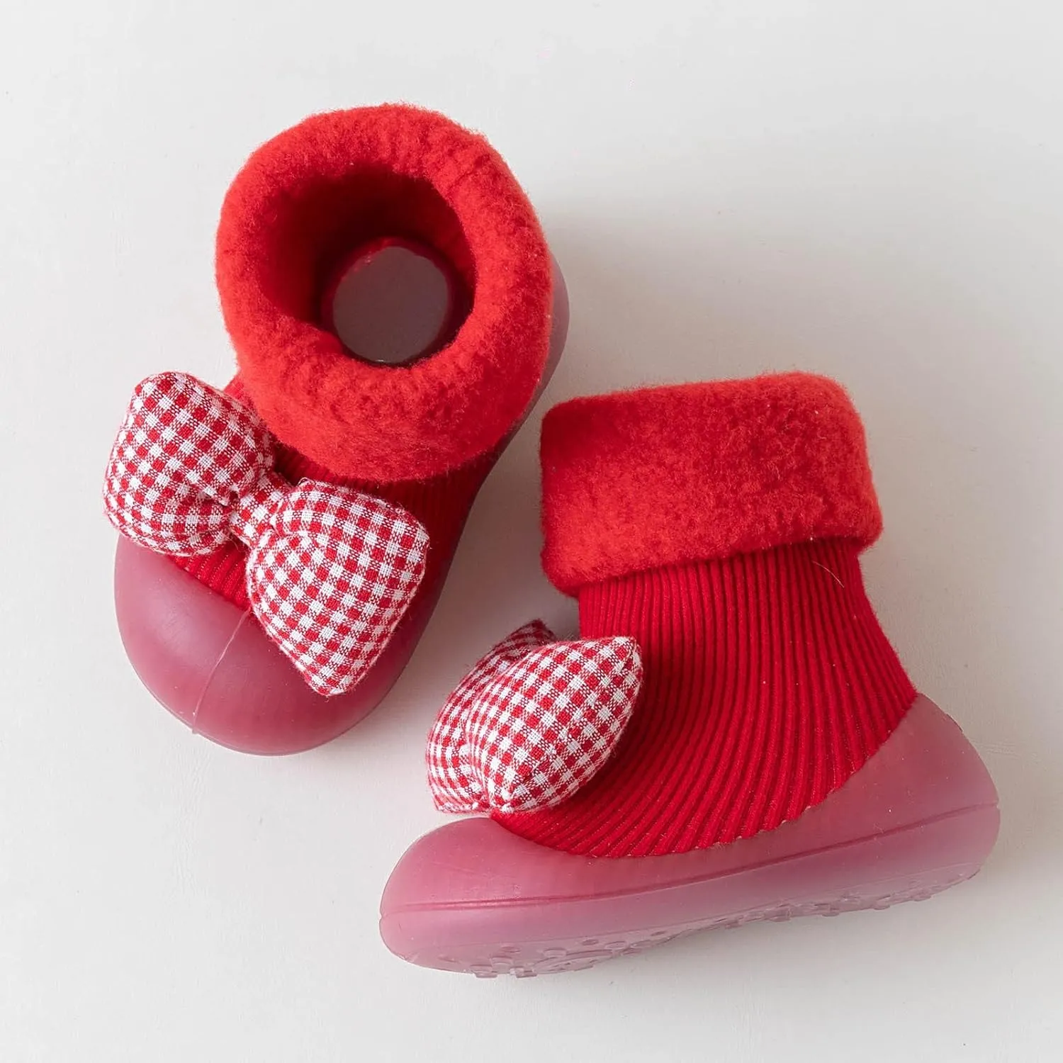 Newborn Infant Children Cotton Floor Socks Shoes Soft Fluff Warm Rubber Sole Shoes Plaid Bow Tie Style Shoes