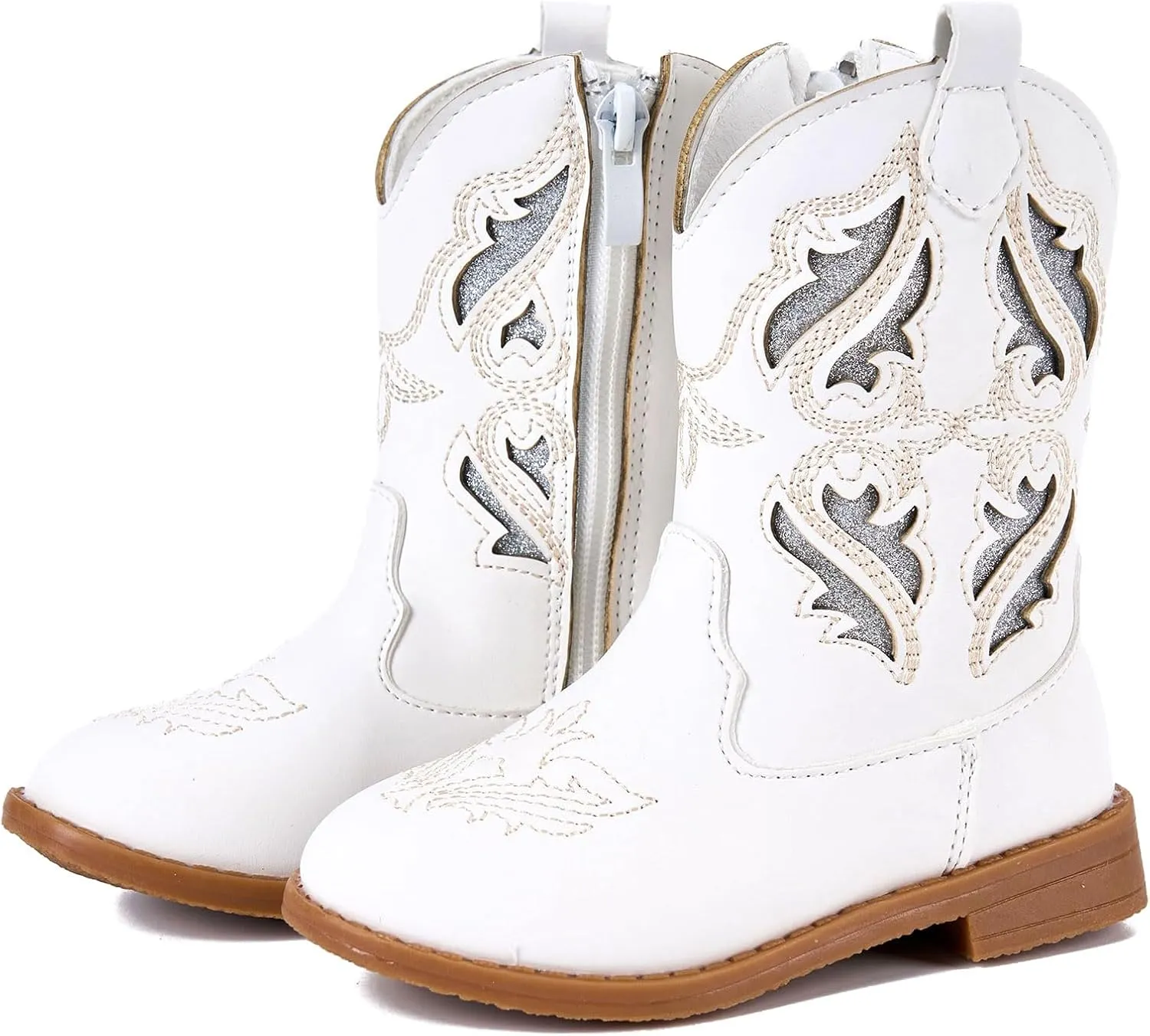 Newsonet Toddler Girls Cowboy Cowgirl Boots Round Toe Western Boots Mid Calf Side Zipper Riding Shoes for All Seasons Spring Summer Winter Fall