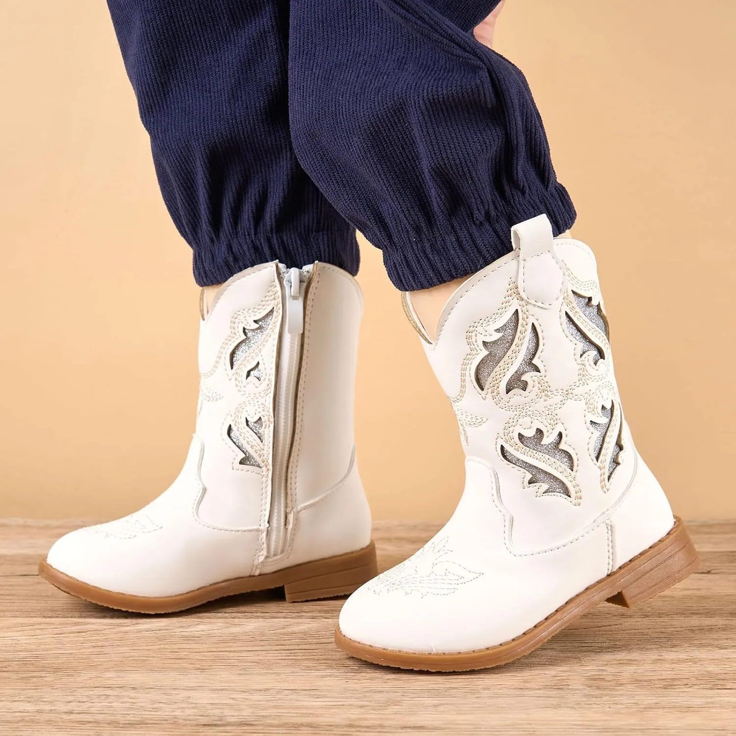 Newsonet Toddler Girls Cowboy Cowgirl Boots Round Toe Western Boots Mid Calf Side Zipper Riding Shoes for All Seasons Spring Summer Winter Fall